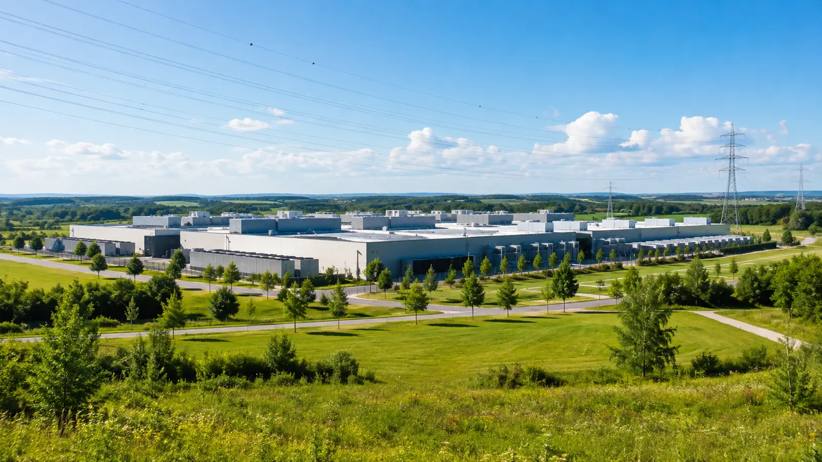 A data centre campus seen from a distance on a clear day, long low buildings and power lines across open fields