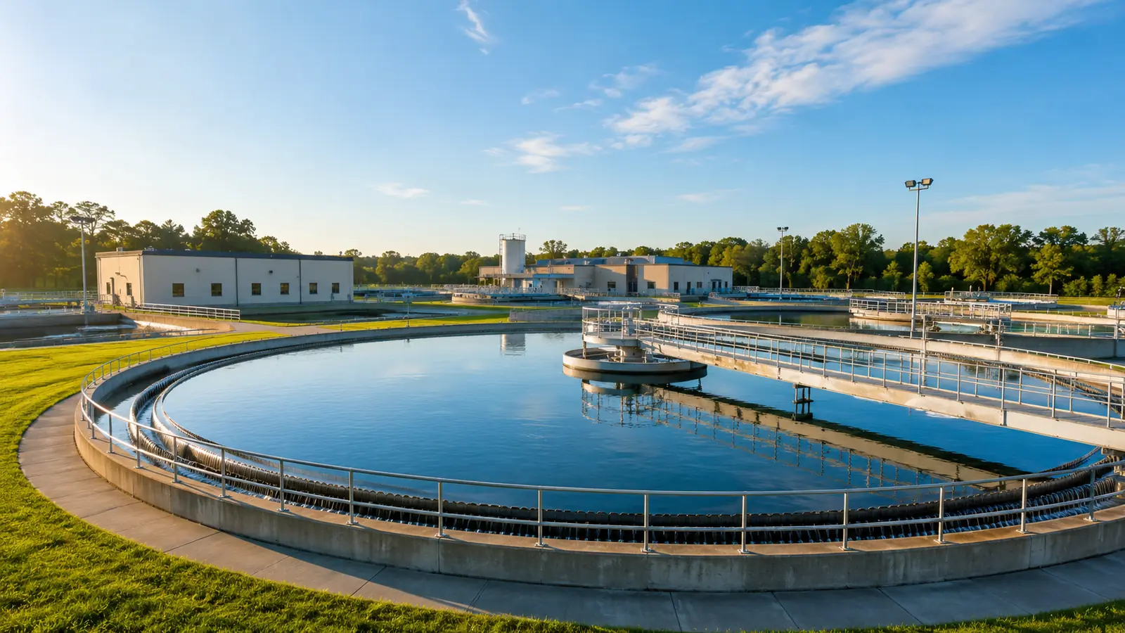 A municipal water treatment plant on a clear morning, circular settling basins of blue water, clean concrete walkways and green grass at the edges