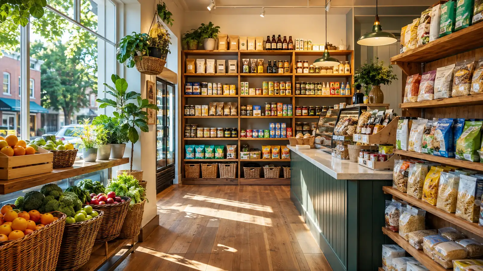 A small neighbourhood grocery store interior in daylight, neat shelves and a clean counter by a large window