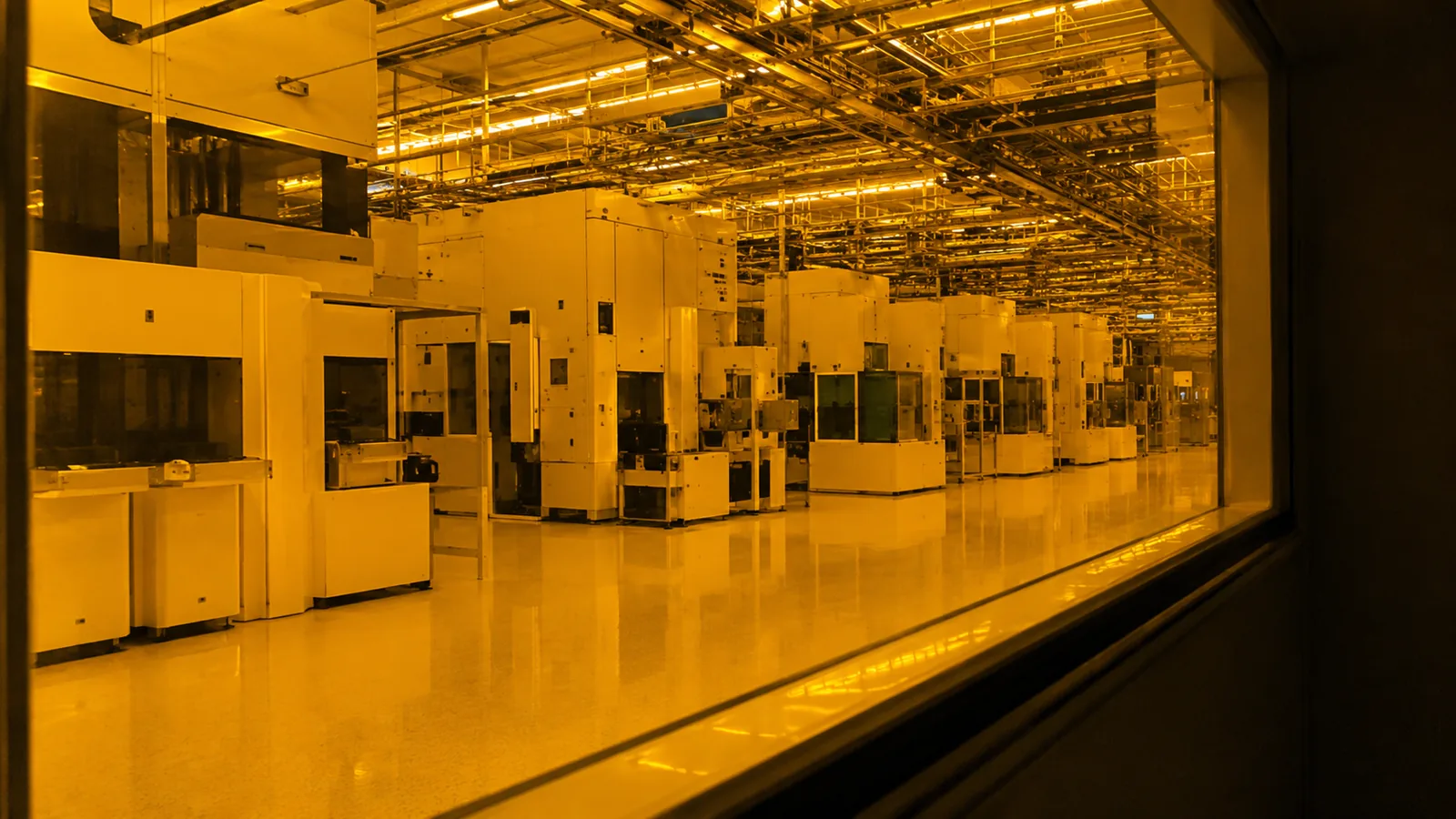 Fab machines under amber cleanroom light, seen through a window