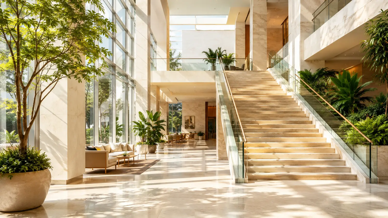 A spacious sunlit atrium in a modern building with tall windows and a broad staircase