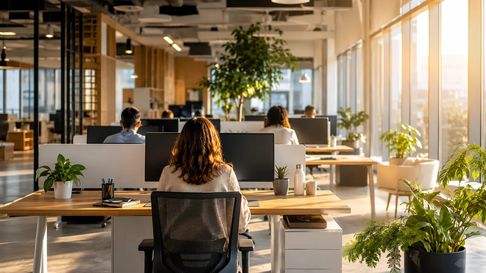 A sunlit open-plan office with rows of desks seen from behind and people working at a distance