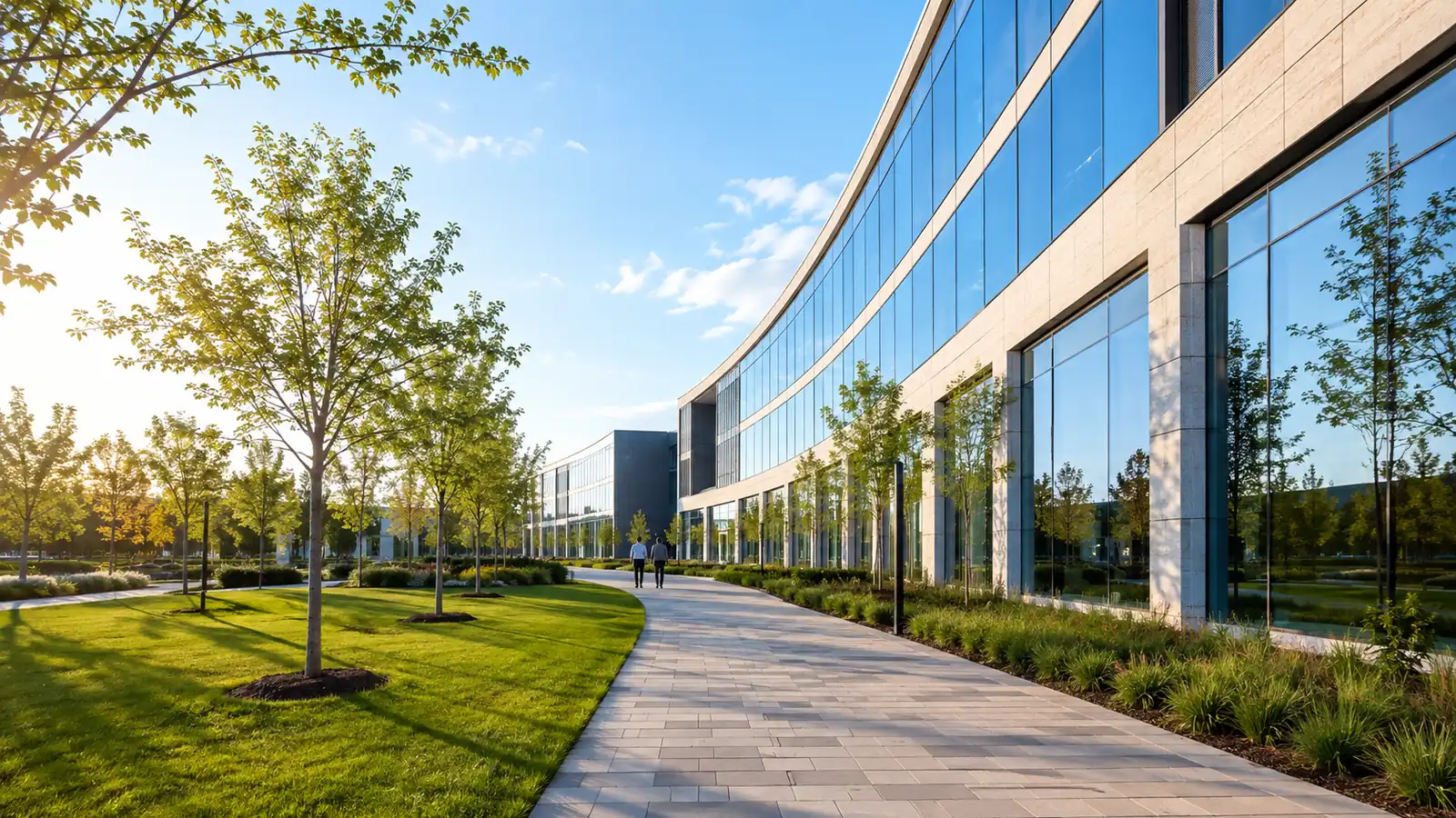 A modern corporate campus courtyard on a clear morning, a curved glass facade reflecting blue sky above young trees