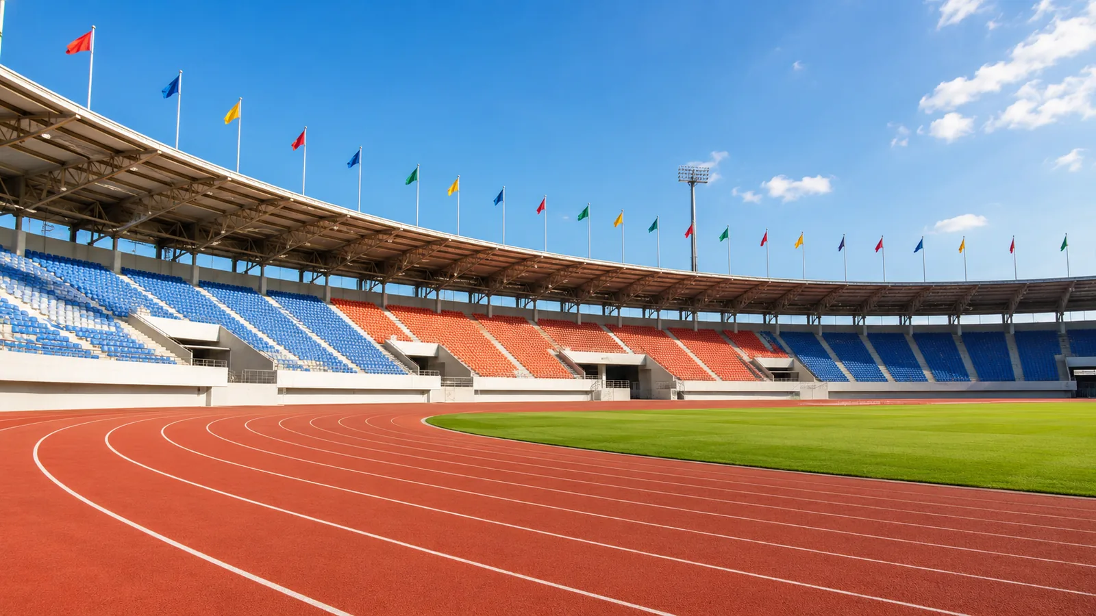 A sunlit open athletics stadium with a red track and green infield under a clear blue sky, flags on poles