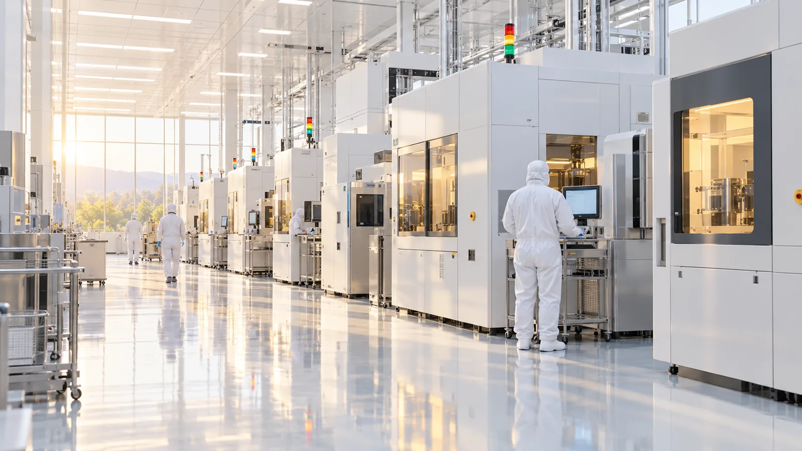 A semiconductor cleanroom with rows of large white machines and technicians in cleanroom suits seen from behind