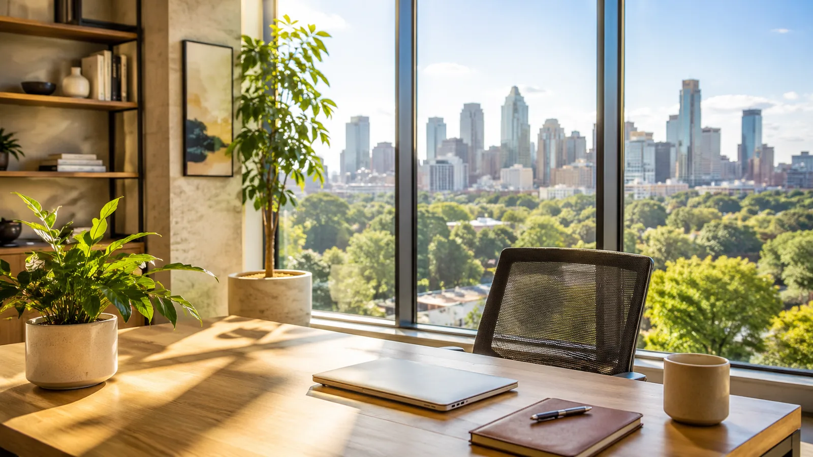 A sunlit modern office interior with wide windows looking out over a green city skyline