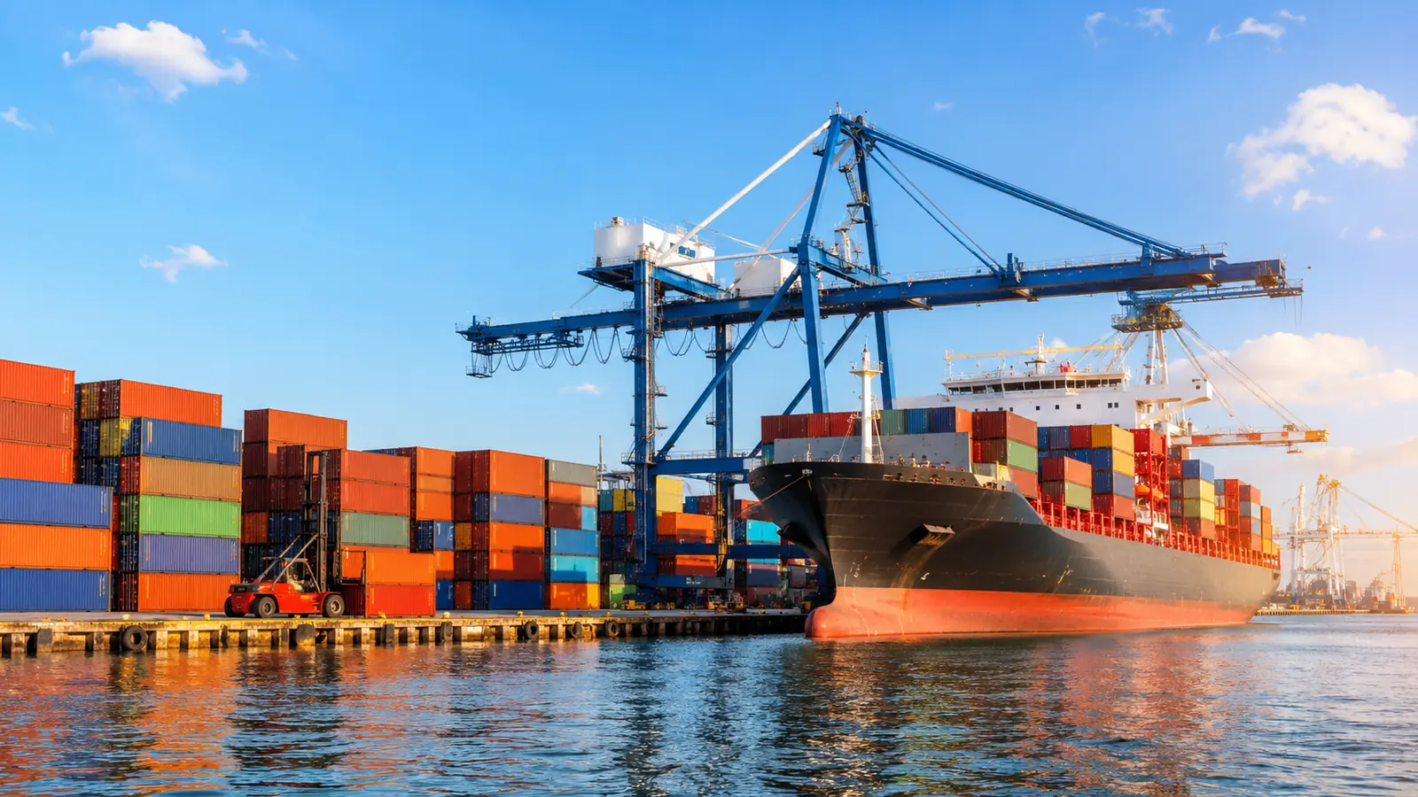 Stacked shipping containers and cranes at a container port in clear morning sunlight, calm water in front