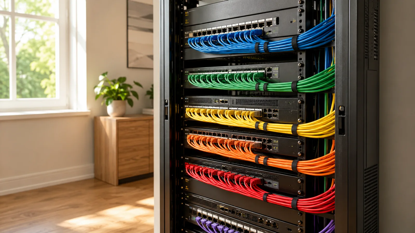 A tidy rack of network routers and patch panels with neatly bundled colorful cables in a bright, daylit room