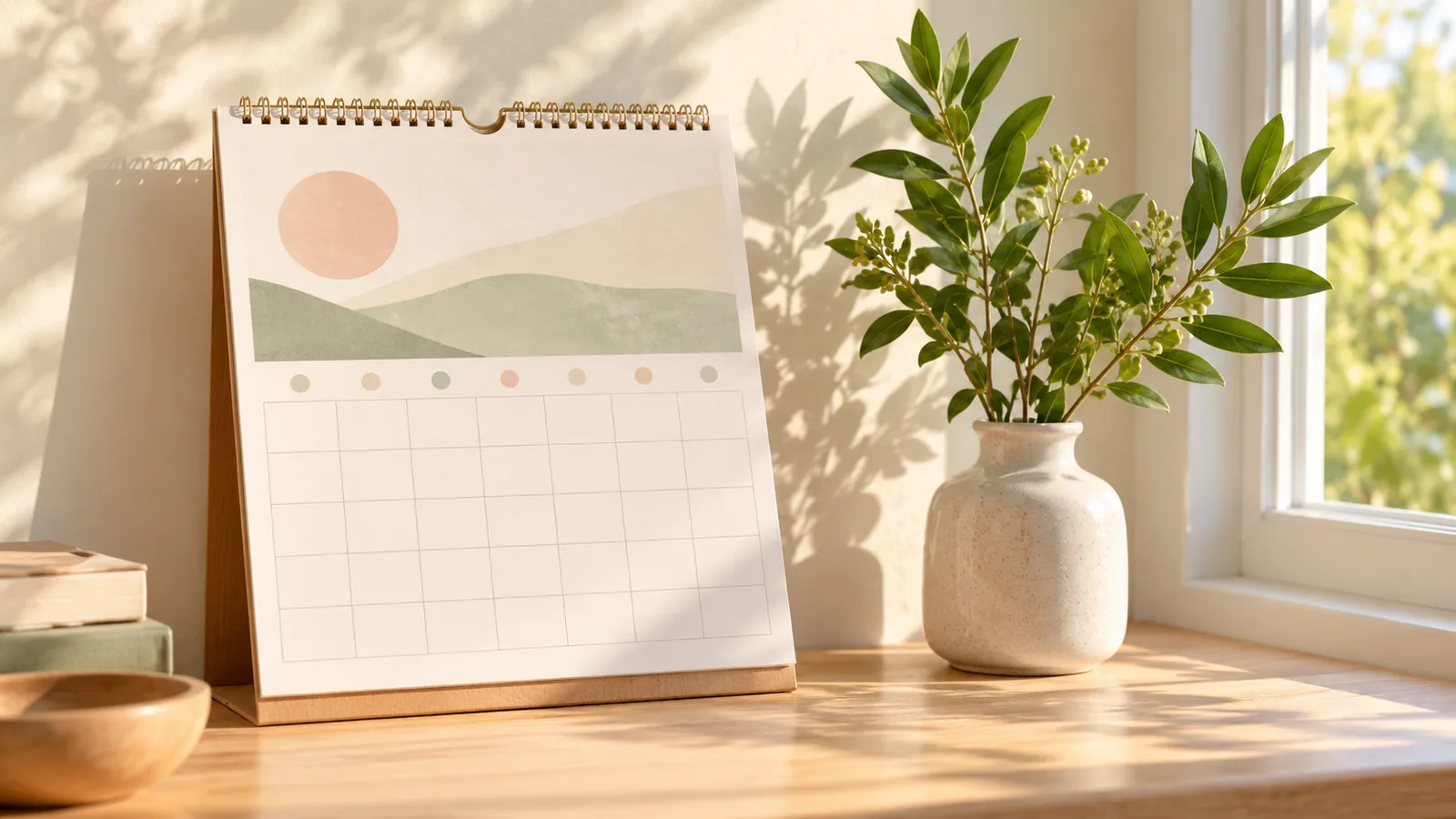 A calendar page in morning light beside a small vase of green branches on a pale wooden table