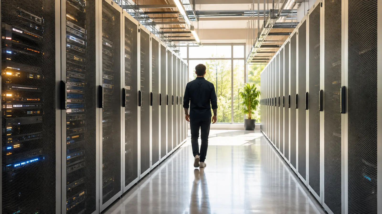 A bright data center corridor with daylight at the end, a technician walking away down the aisle