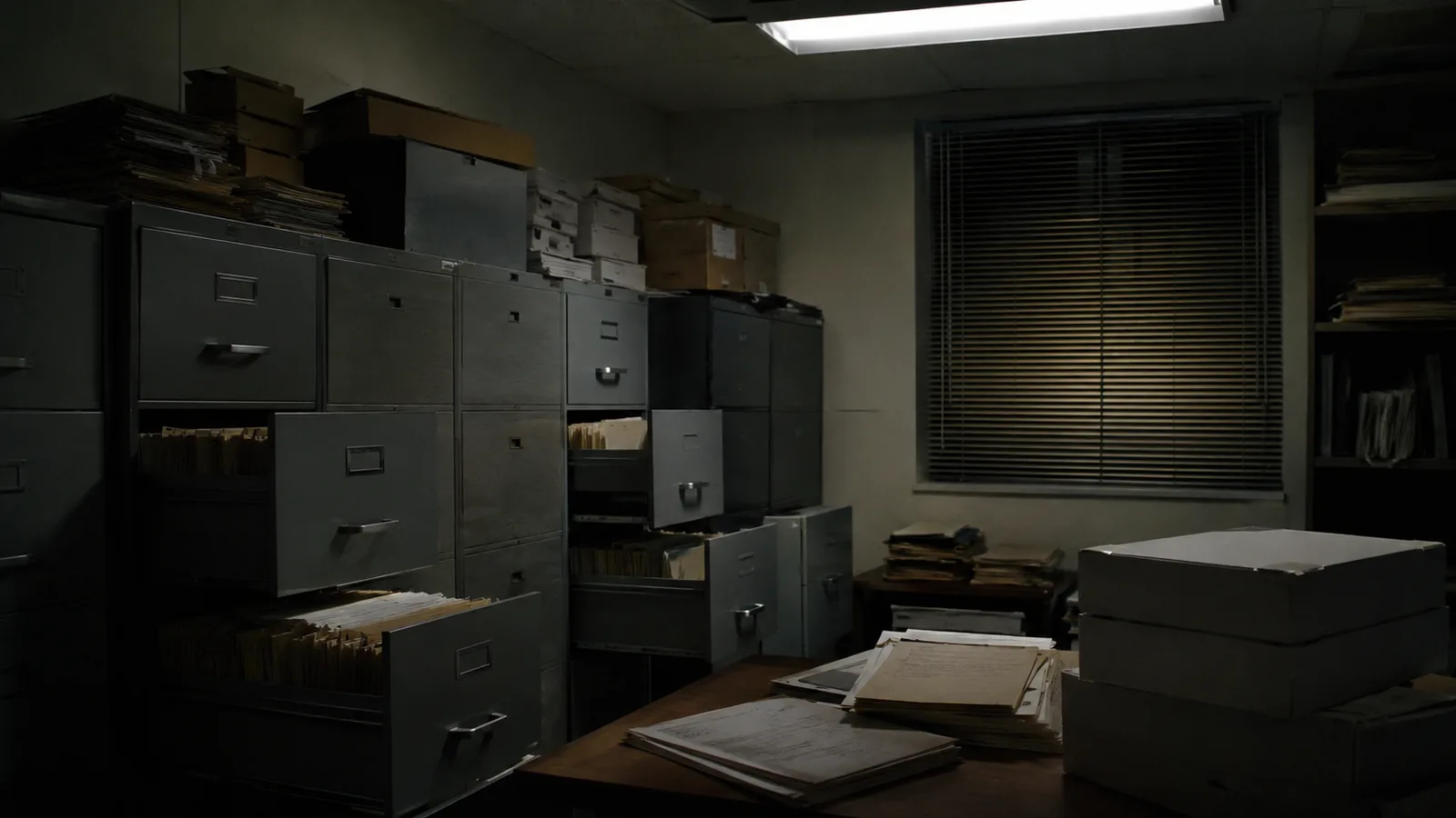 A records office at night — open cabinets and sealed evidence boxes