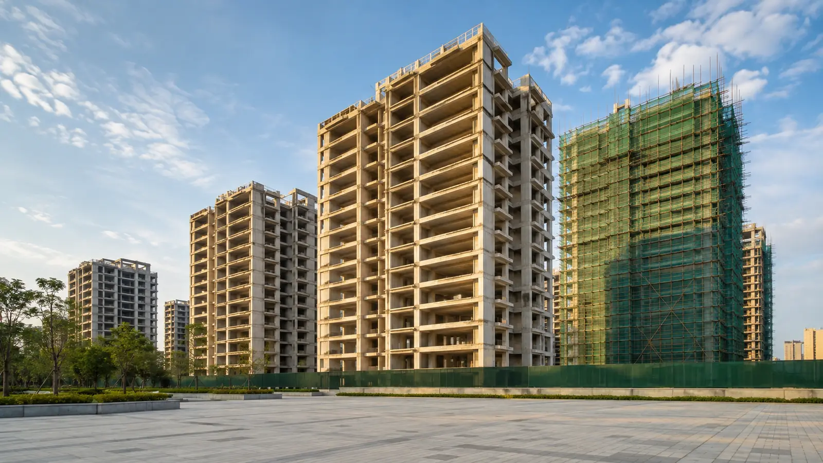 Unfinished high-rise residential towers in bright morning light, bare concrete frames above an empty plaza
