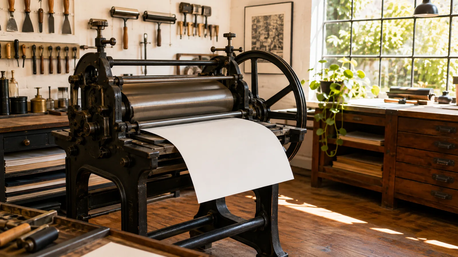 A proofing press in a print workshop — a clean sheet emerging from the rollers