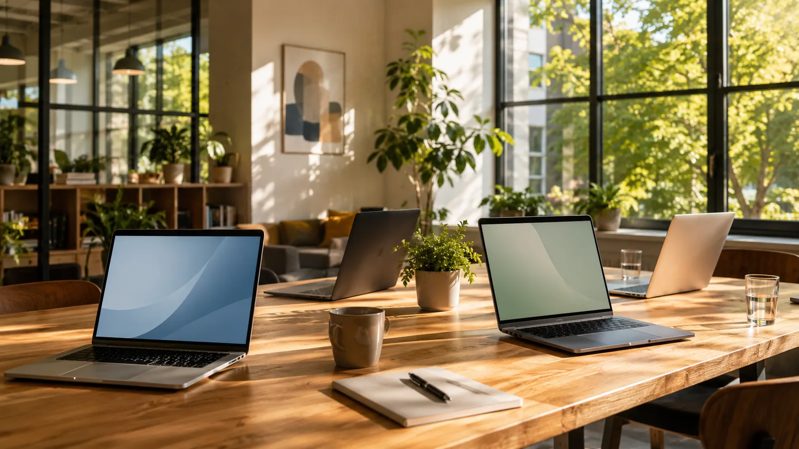 A sunlit open-plan workspace with a long wooden table and open laptops, green trees visible through wide windows
