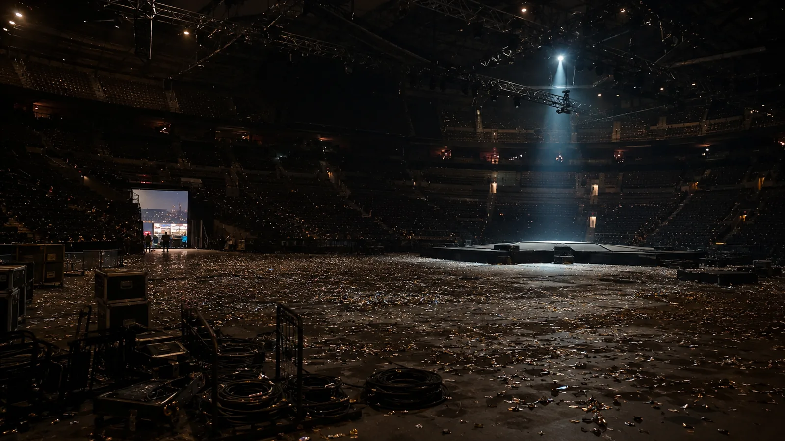 Confetti settling on an arena floor under one last spotlight after a closing ceremony