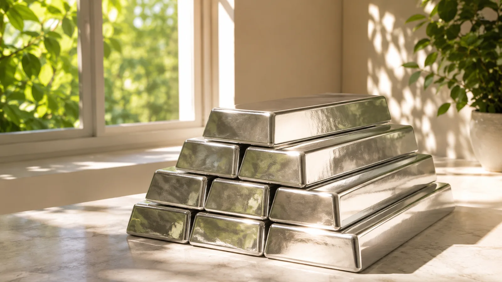 Polished metal bars stacked on a pale table in a sunlit room, with green foliage visible through the window