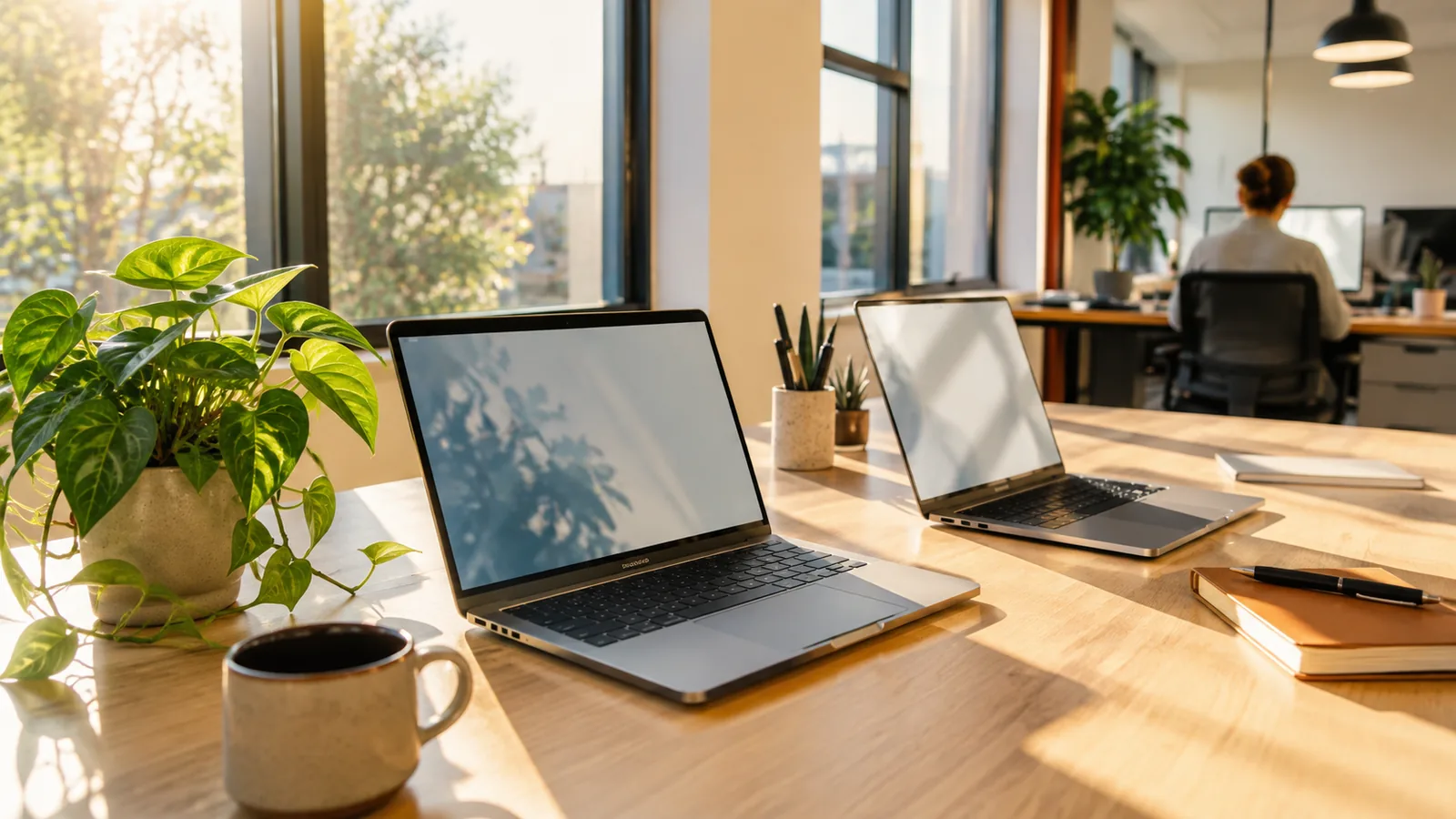 A sunlit open-plan office in the morning with two laptops on a pale wooden desk, a plant and a coffee cup by the window