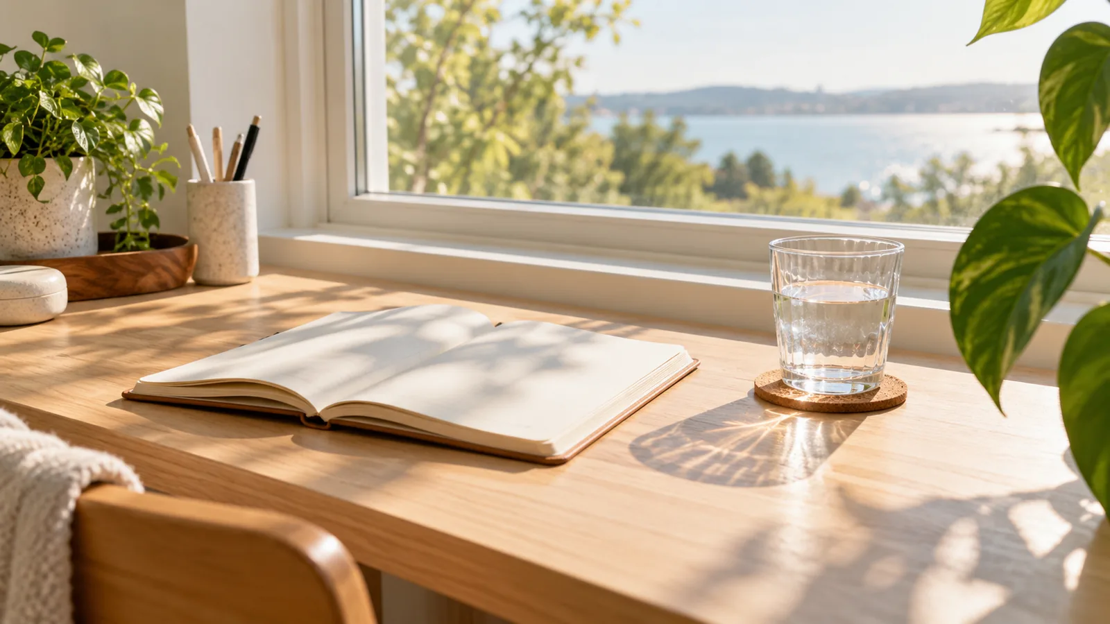 An open notebook and a glass of water on a pale wooden desk beside a sunlit window, with soft morning shadows and a plant leaf