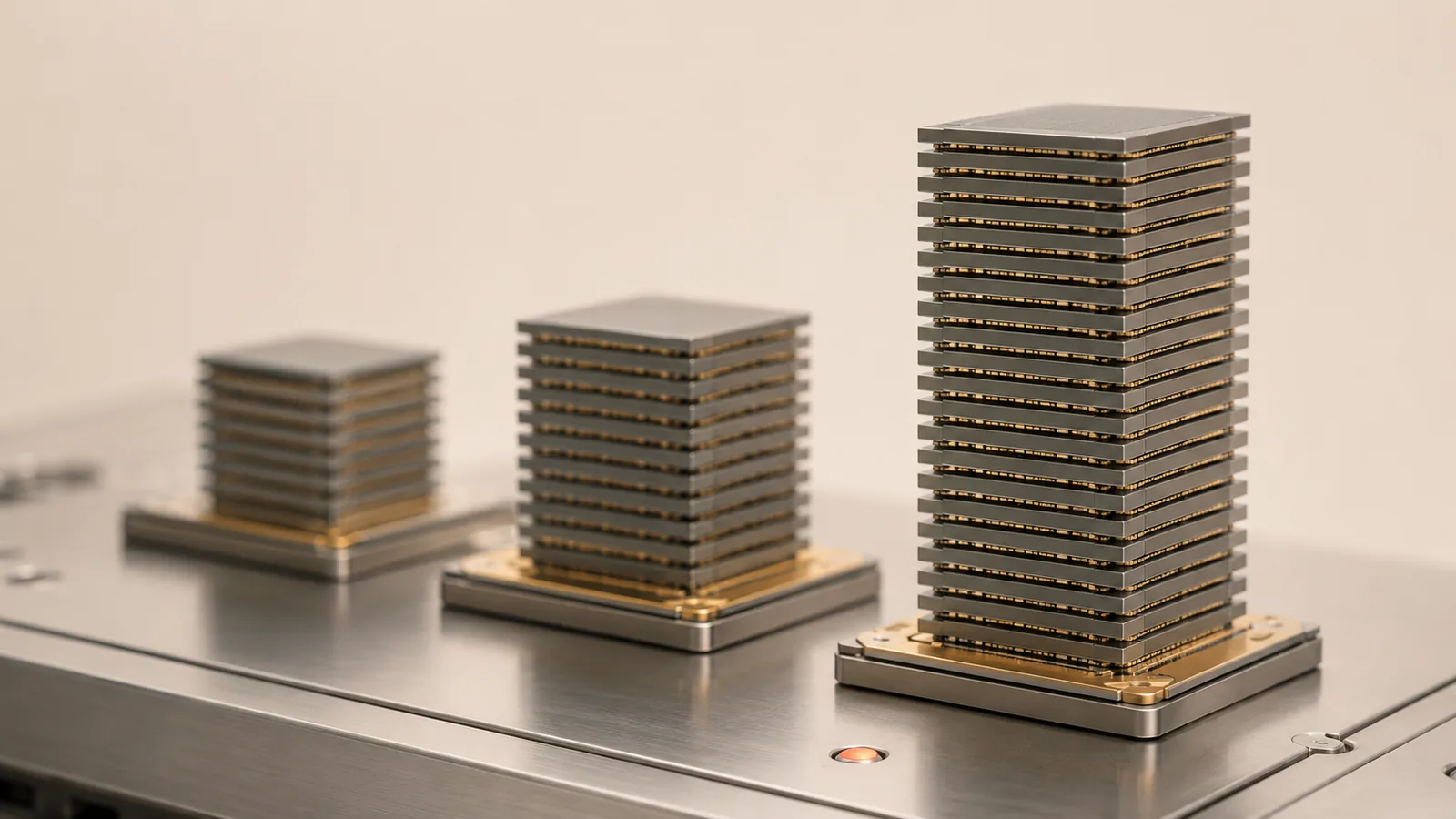 Three columns of stacked memory dies of different heights on a fab bench, the tallest sharply in focus