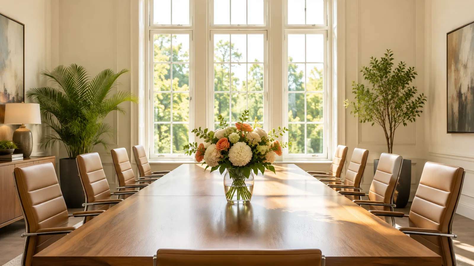 A long empty conference table in a bright room with tall windows and two facing rows of chairs