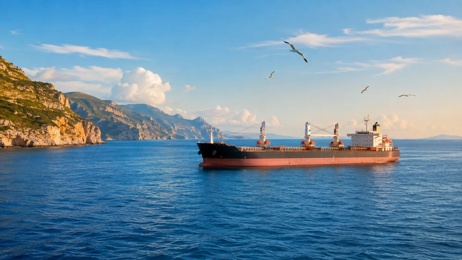 A large cargo vessel on calm blue sea near rugged coastal cliffs in clear morning sunlight