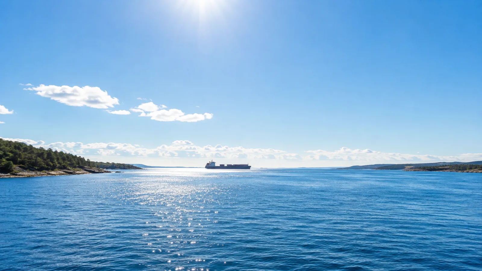 A wide calm sea channel under a clear midday sky, one distant cargo ship on the horizon beyond a low coastline