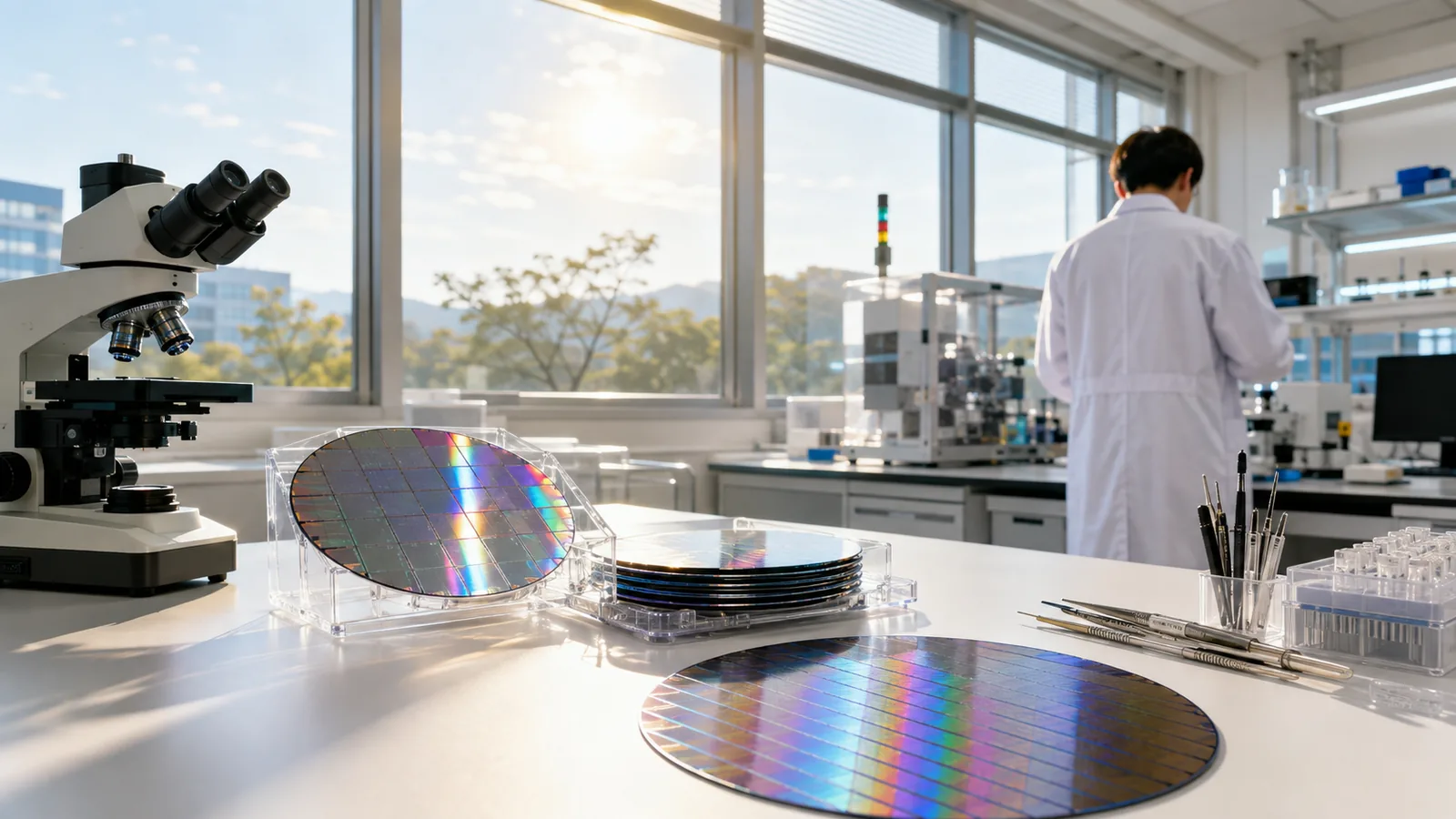 A daylit semiconductor lab, wafers reflecting rainbow colors on a bench