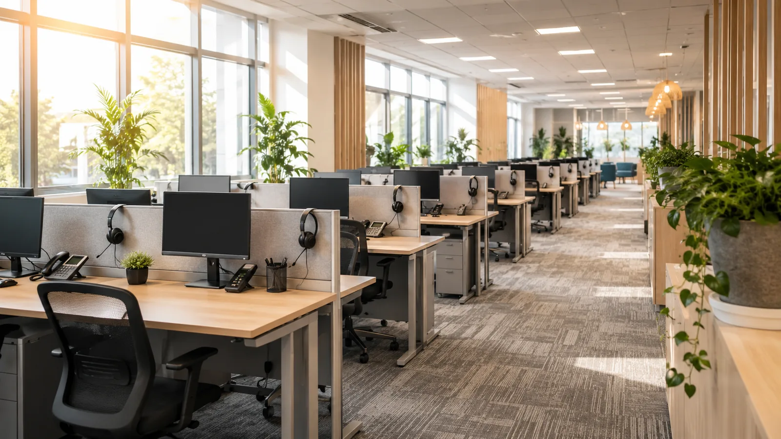 An open-plan call centre with rows of empty desks and headsets under warm daylight from large windows