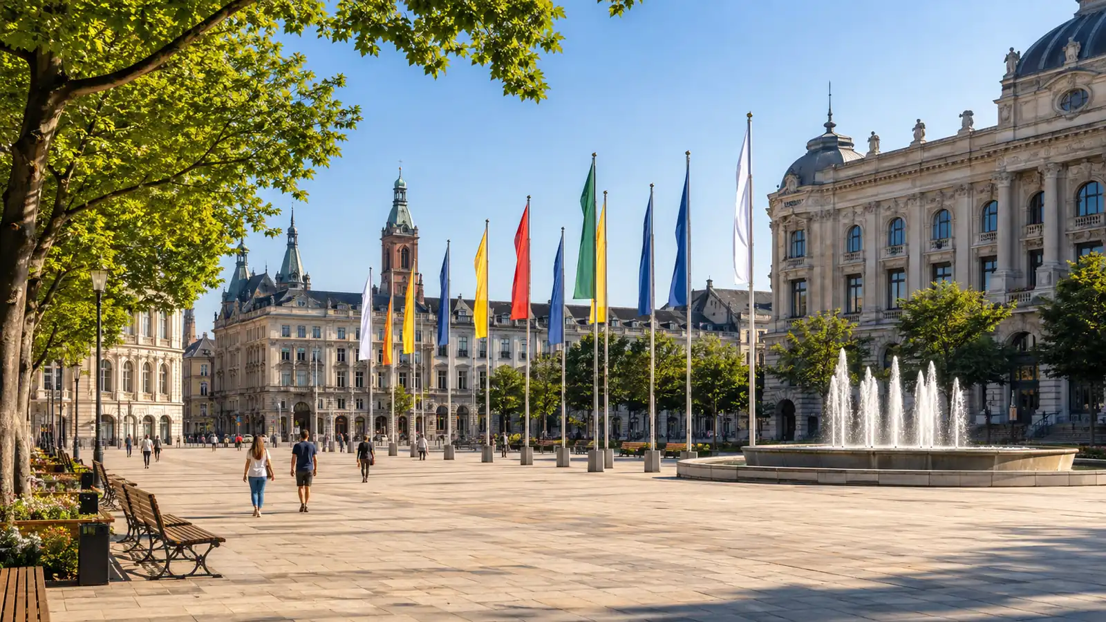 A wide European city square on a clear morning, pale stone civic buildings, a row of flagpoles, green trees and a fountain
