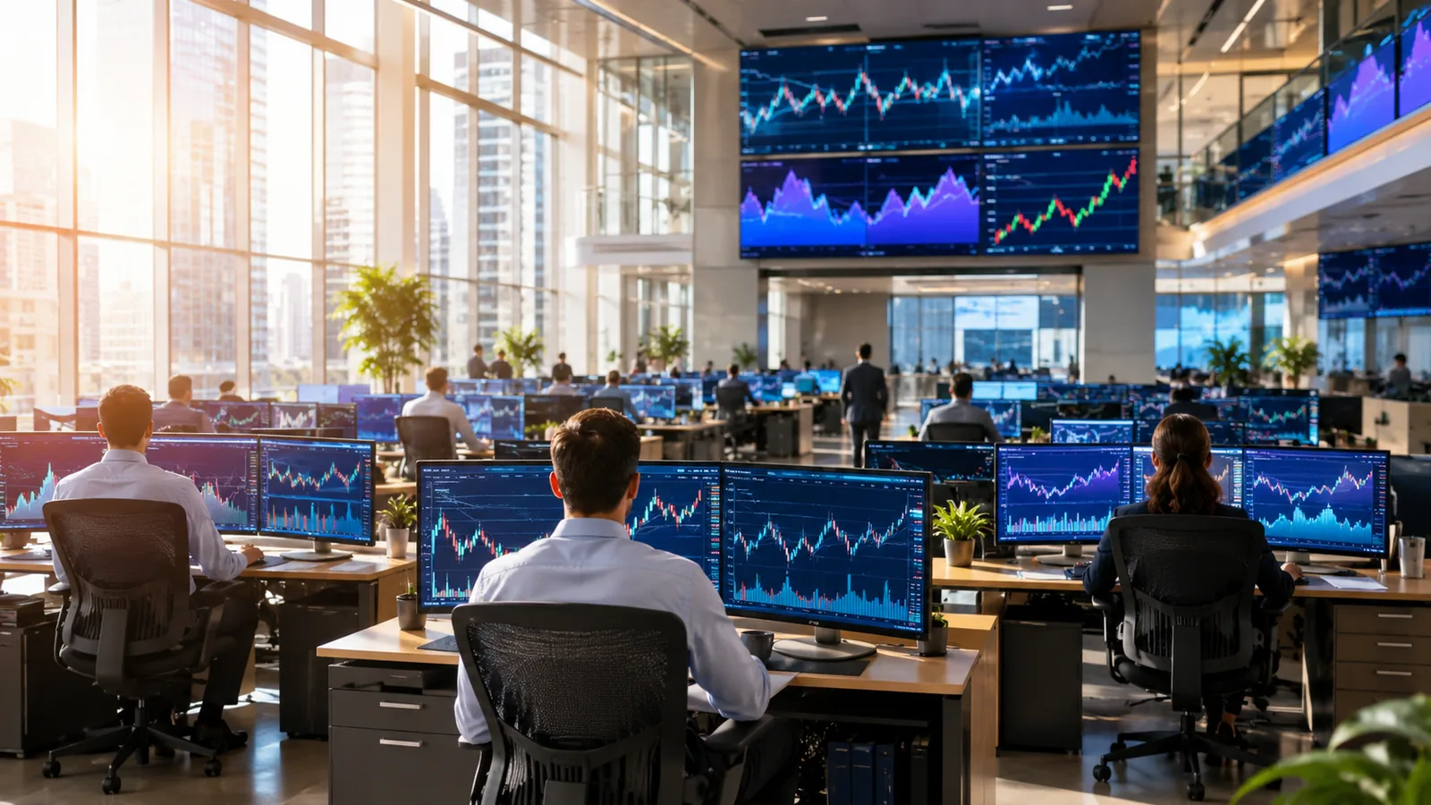 A sunlit modern trading floor, rows of desks and large screens showing abstract coloured charts under tall windows