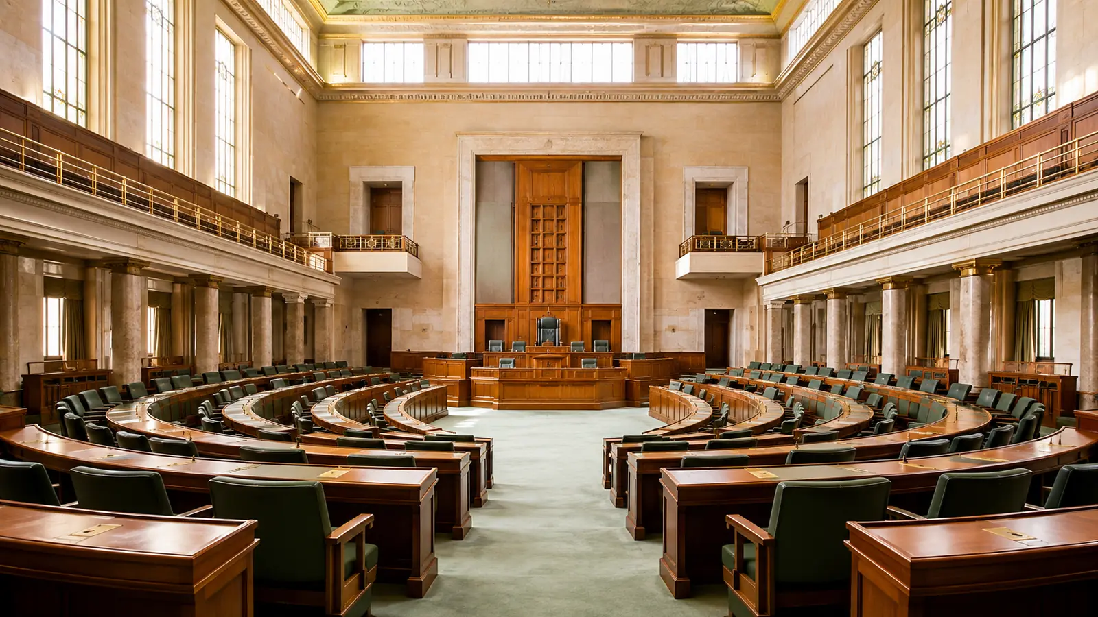 A large empty assembly chamber with curved wooden desks and green seats under daylight from high windows
