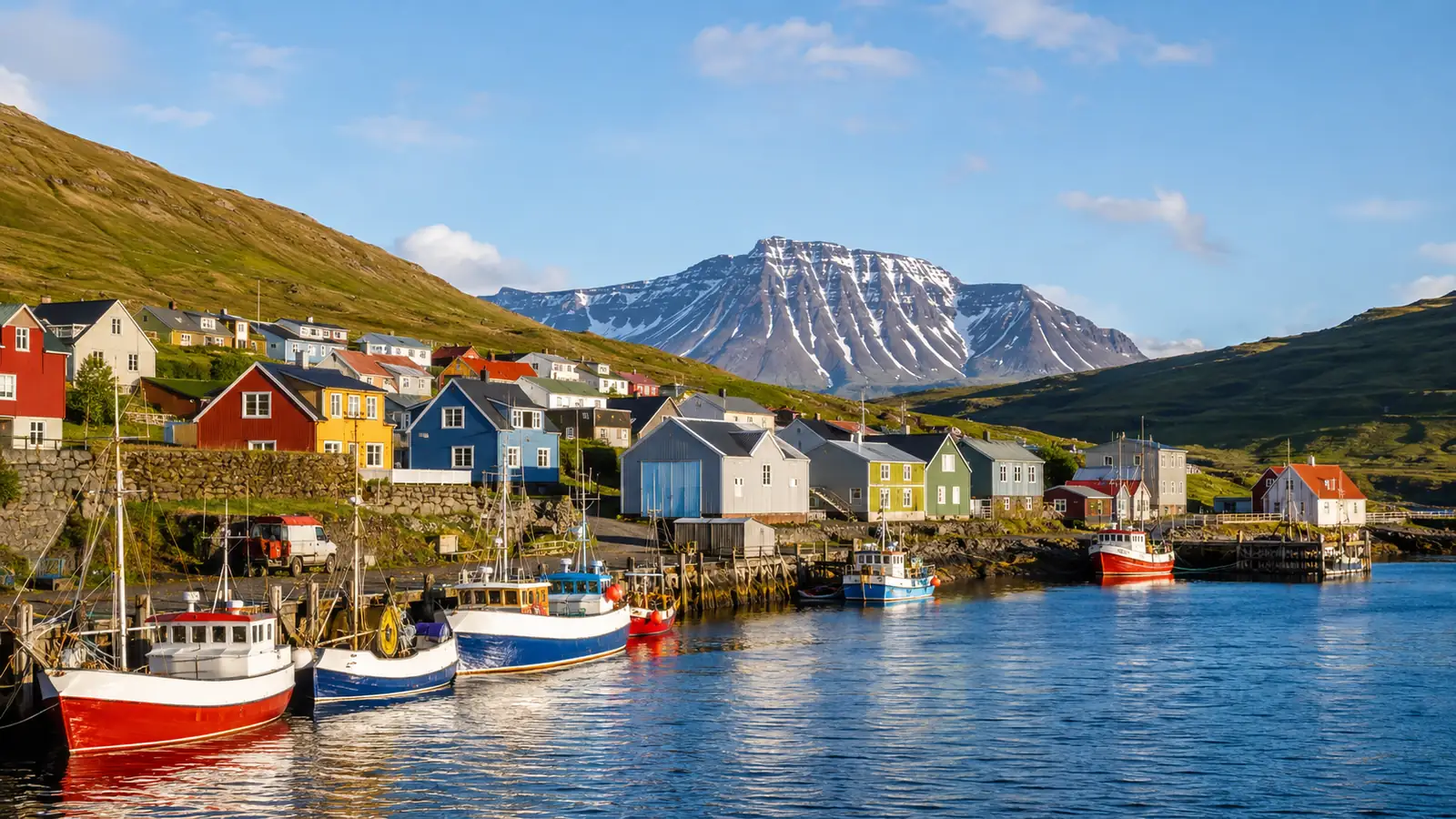 A small North Atlantic harbour town on a clear afternoon, colourful houses along the water, moored fishing boats, green hills and a snow-streaked mountain behind