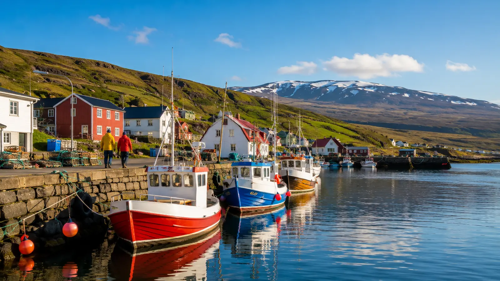 A small North Atlantic fishing harbour on a clear morning, painted boats along a stone quay with green hills and a snow-topped ridge behind