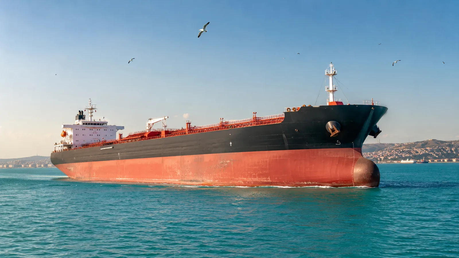 A large tanker ship on calm turquoise water under a clear blue sky, with a distant coastline on the horizon
