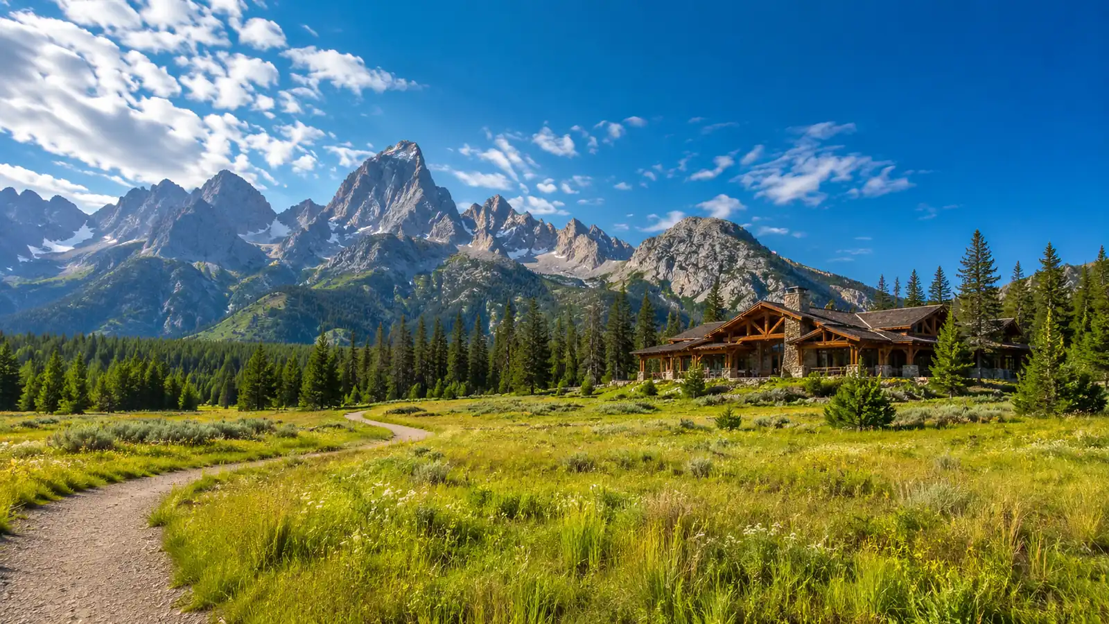 A sunlit Wyoming mountain valley on a late-summer morning, a timber lodge at the edge of pine woods with jagged peaks behind