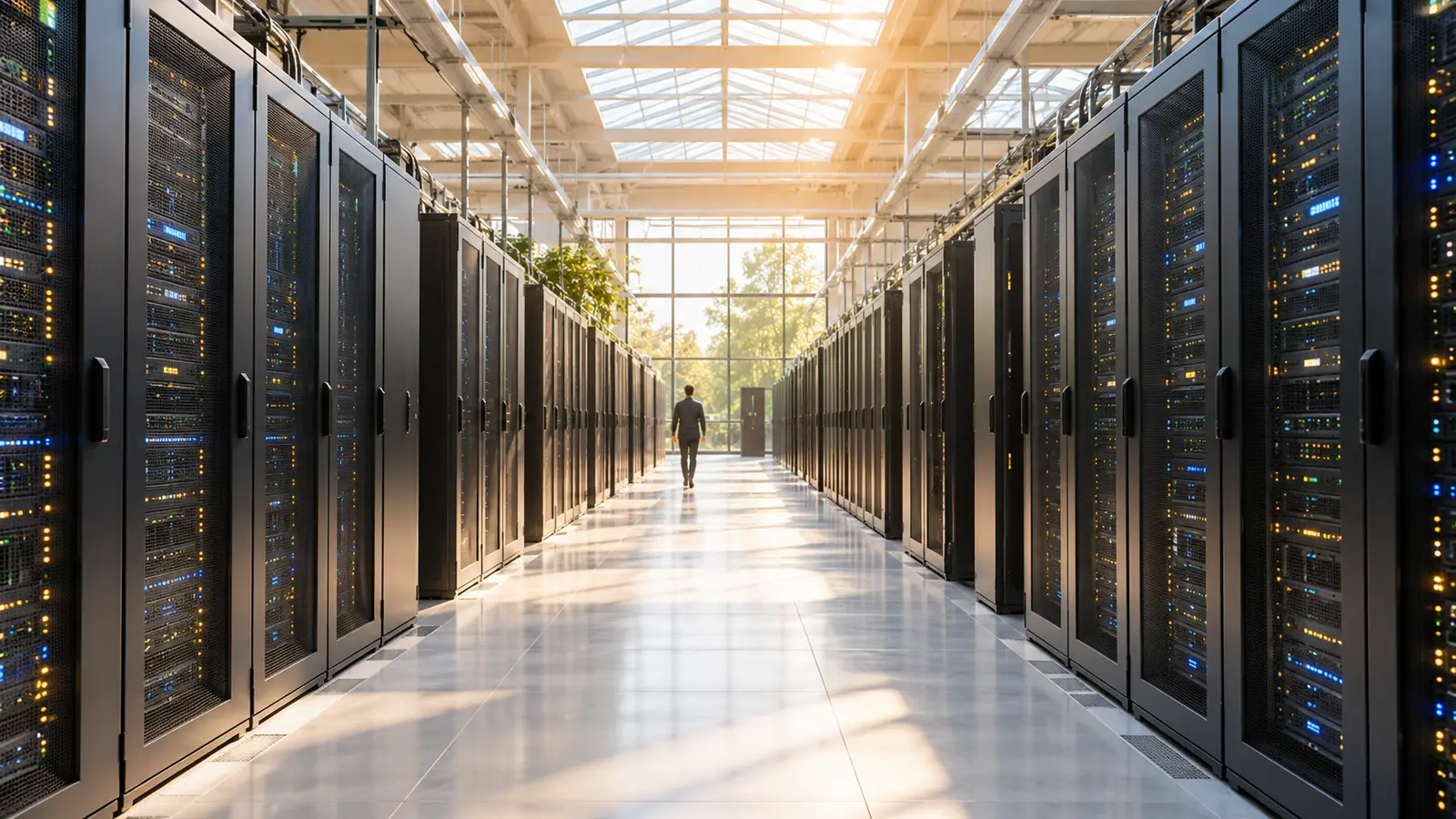 A bright server hall at midday, rows of equipment cabinets under a skylight and a technician walking in the distance