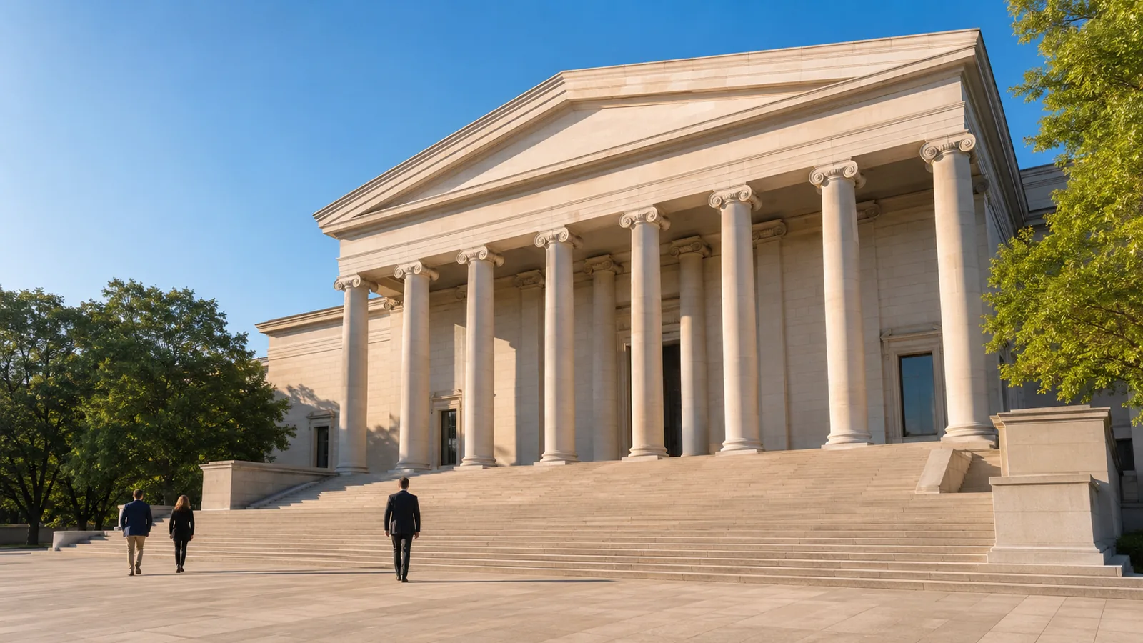 A classical courthouse facade with stone columns and wide steps in warm morning light, people walking far away