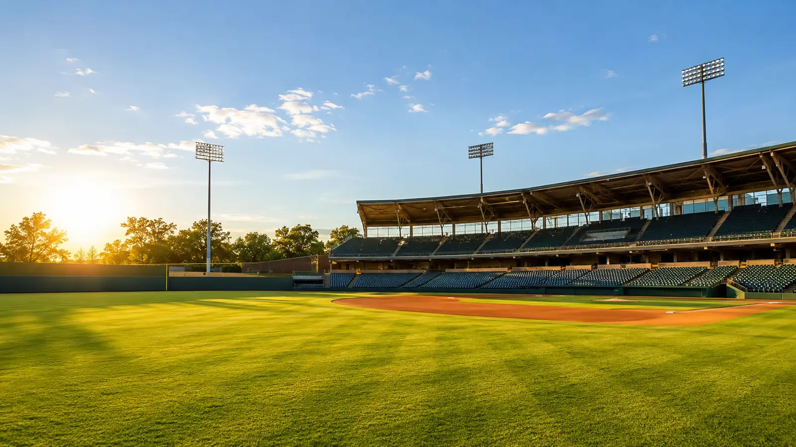 A baseball stadium in late afternoon light, green outfield grass and empty stands