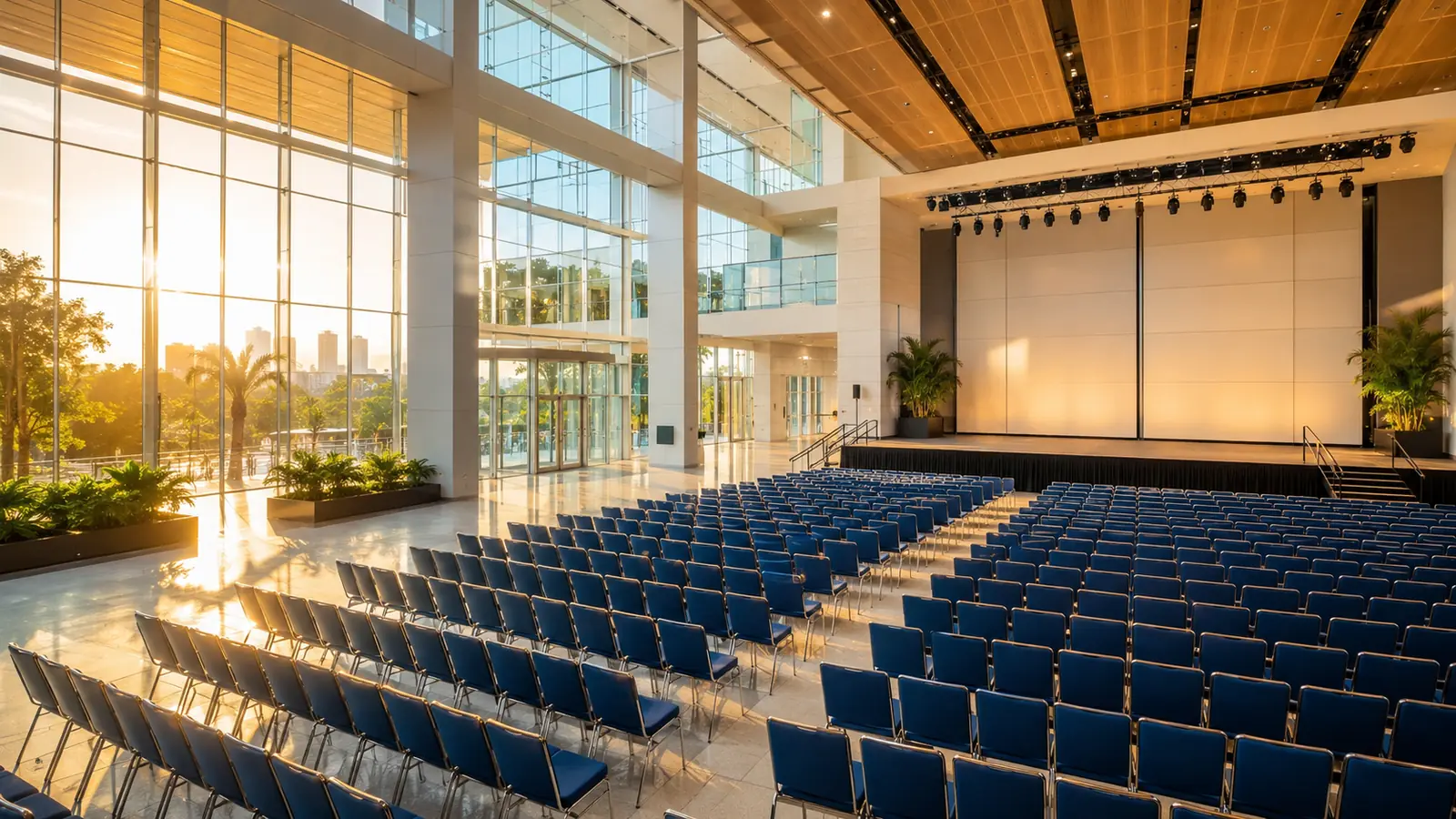 A convention centre atrium in warm late-afternoon light, glass walls and rows of blue seating facing a wide stage