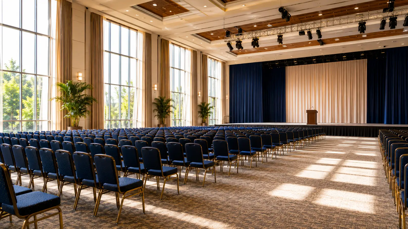 A convention hall prepared for an assembly — empty seats in midday light