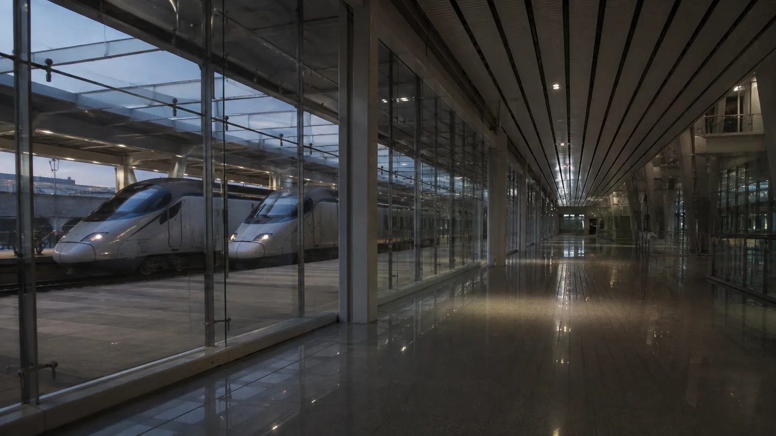 Two high-speed trains waiting nose to nose on adjacent platforms in an empty morning concourse