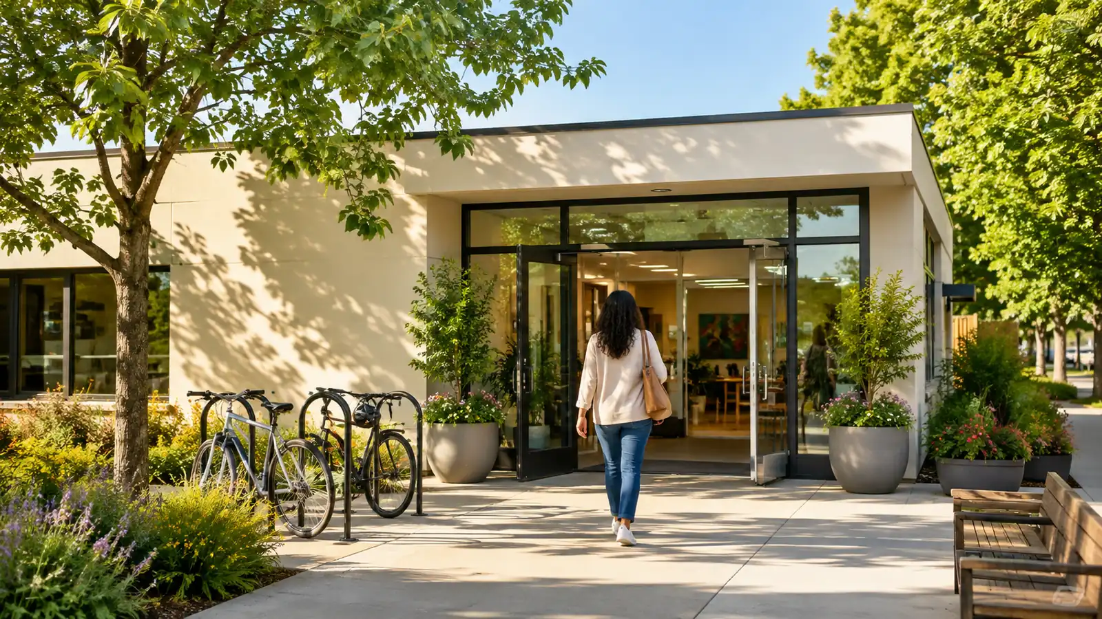 A community center entrance on a sunny morning, potted plants and a person walking in