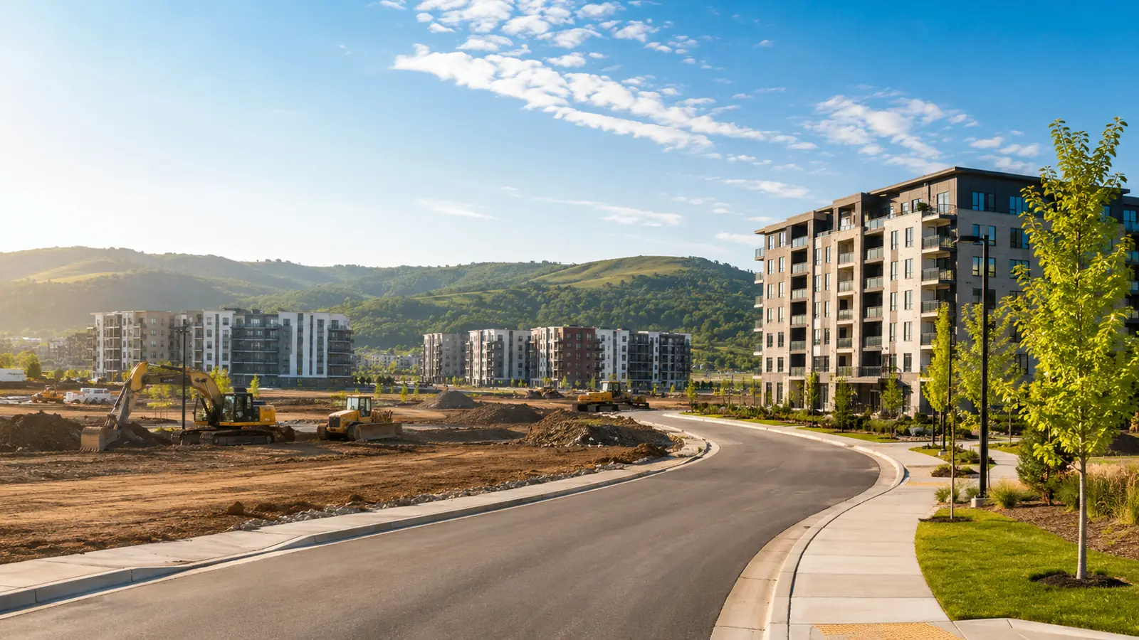 A suburban development site on a clear morning, new apartment buildings rising behind cleared ground