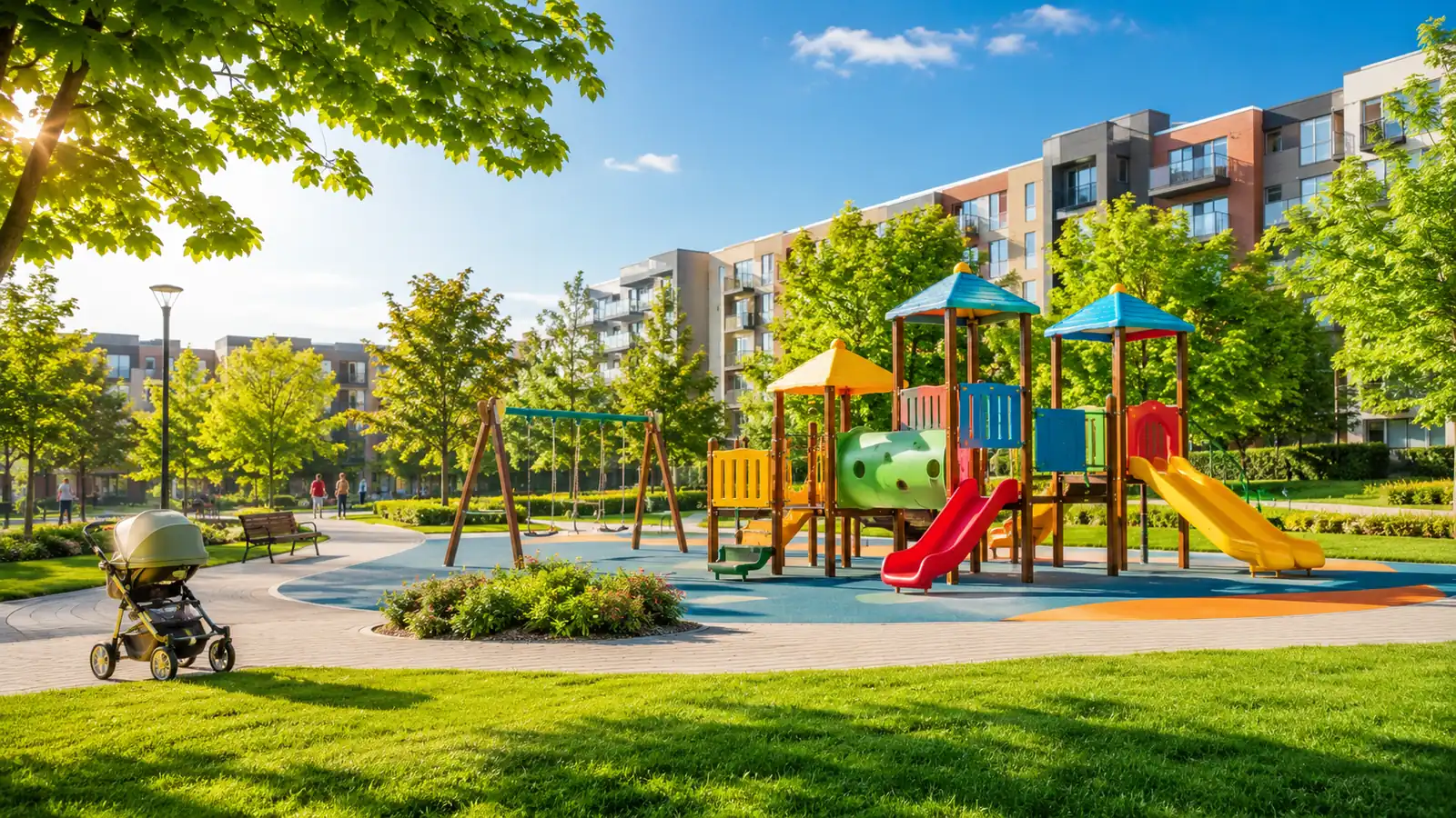 A sunny neighborhood playground with colorful equipment and green lawn, a stroller parked to one side