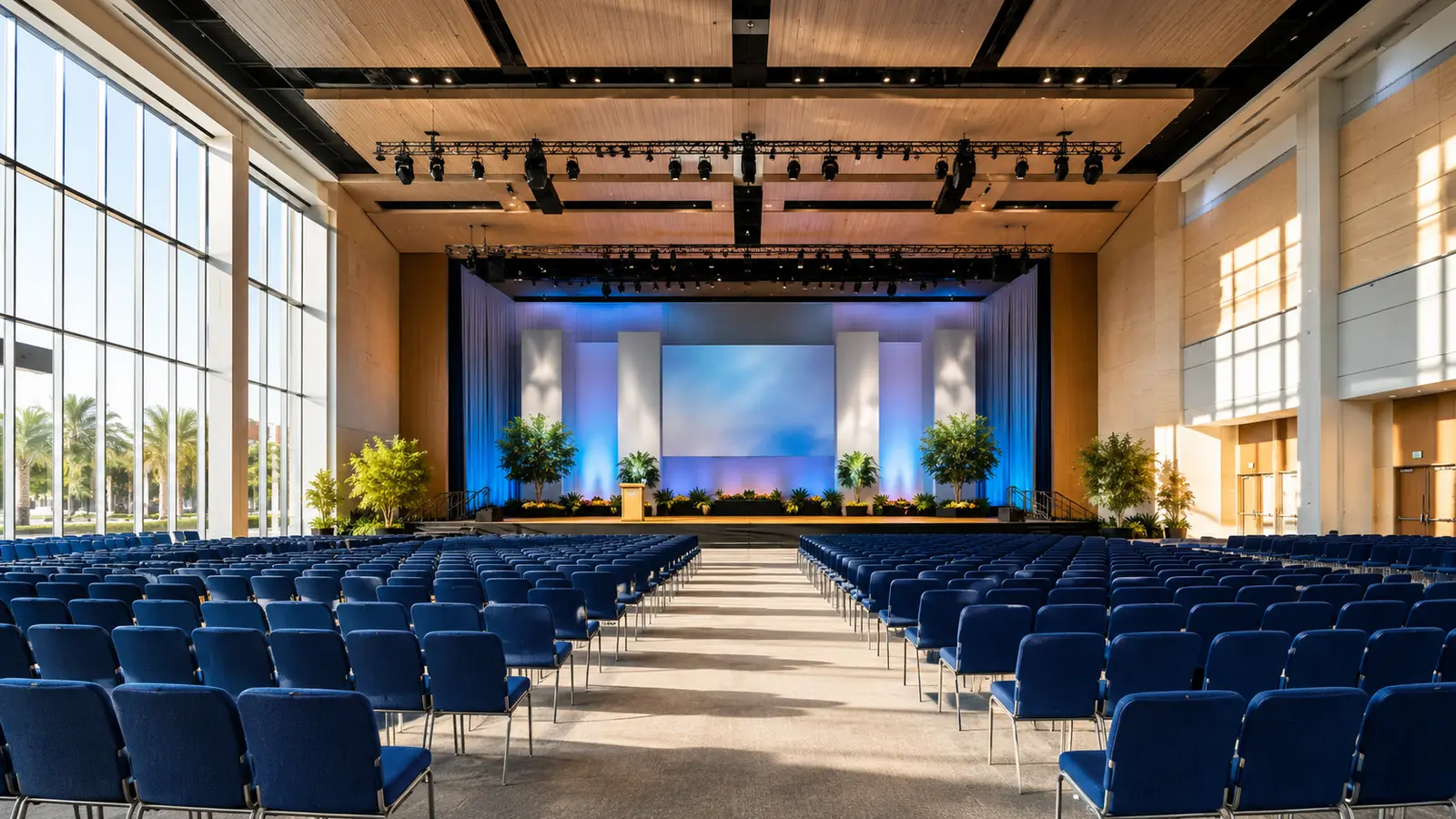 A large convention hall in late-morning daylight, rows of empty blue seats fanning toward a wide stage