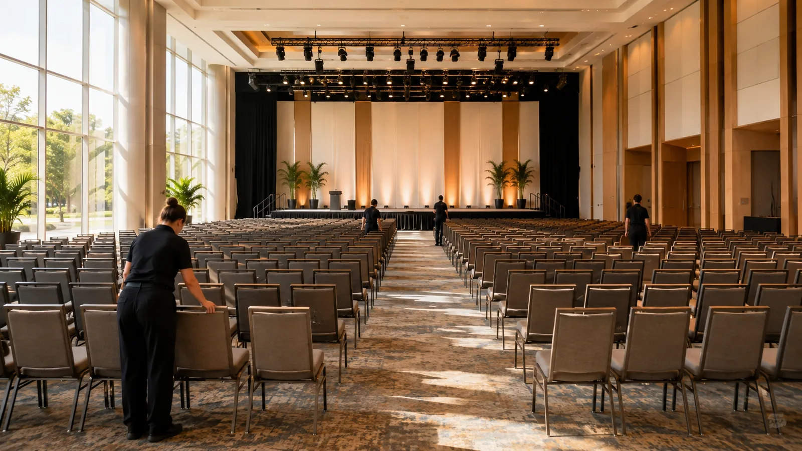 A convention hall before an event, rows of chairs facing a wide stage in morning light