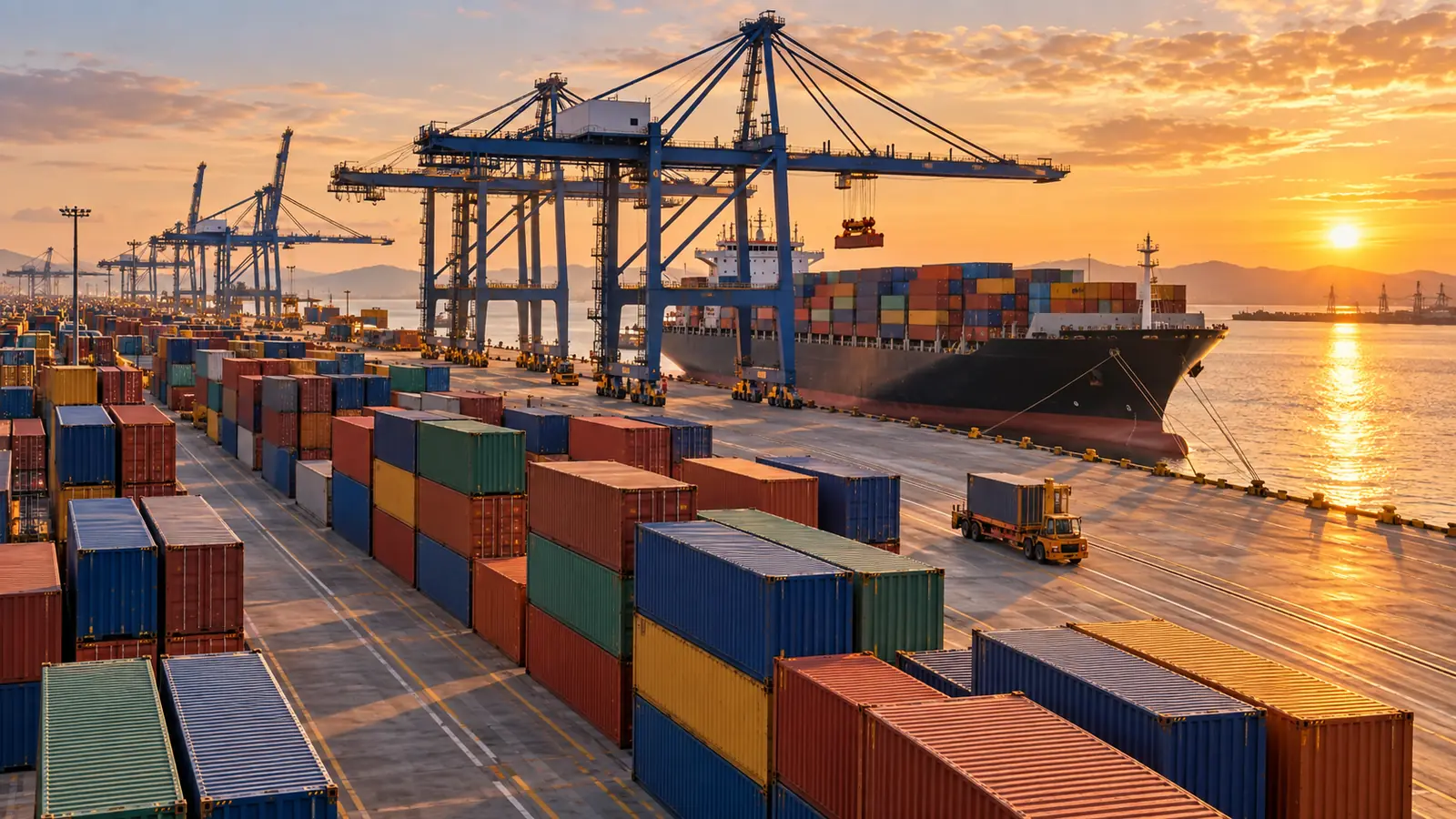 A container port at golden hour, gantry cranes above rows of colored containers and a cargo ship berthed in the distance
