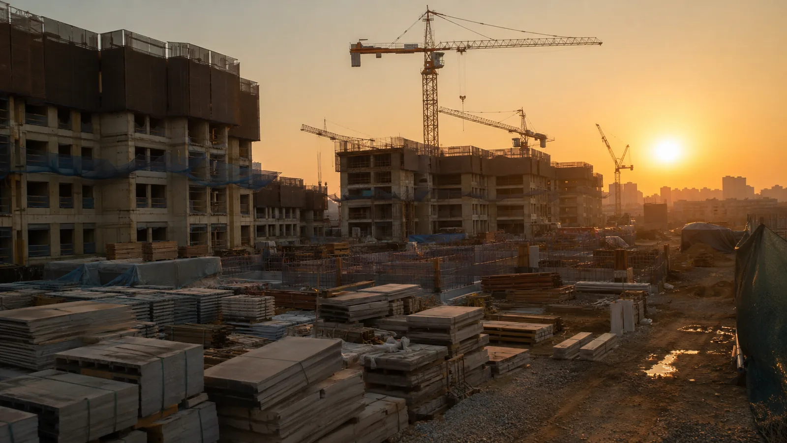 A Seoul-area construction site at golden hour — cranes over concrete frames