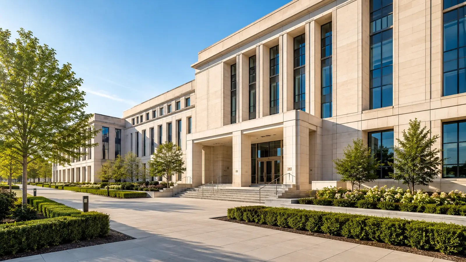 A pale stone civic office building with tall windows in clear morning sunlight, low hedges along the walkway