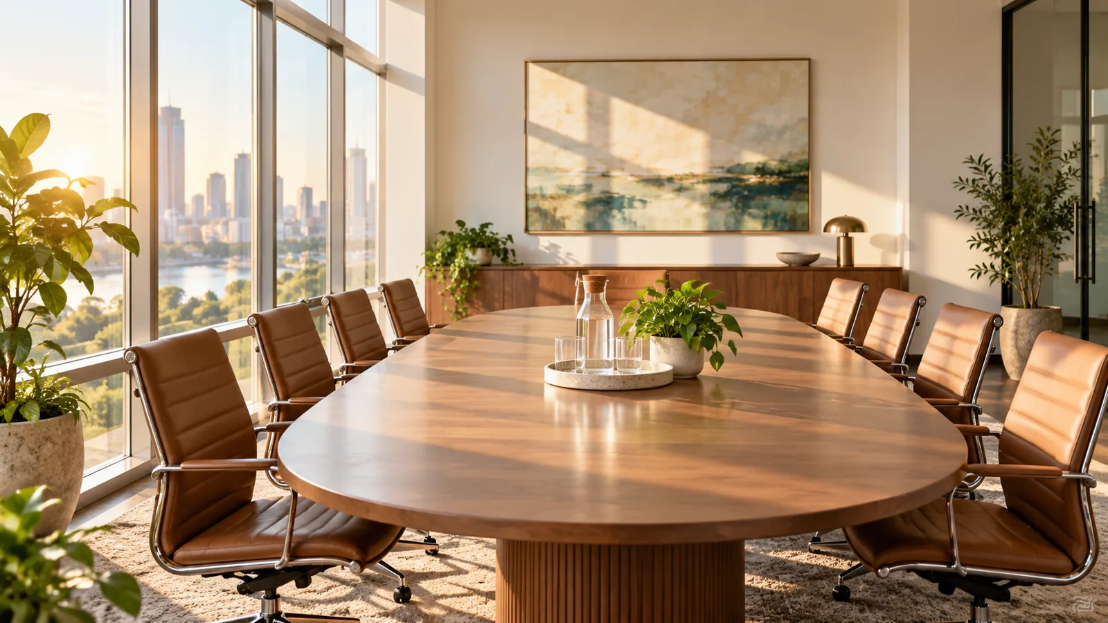 An empty conference room with a long oval table and chairs, morning light through tall windows